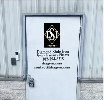 Diamond State Iron Gym Front Door with Contact Information